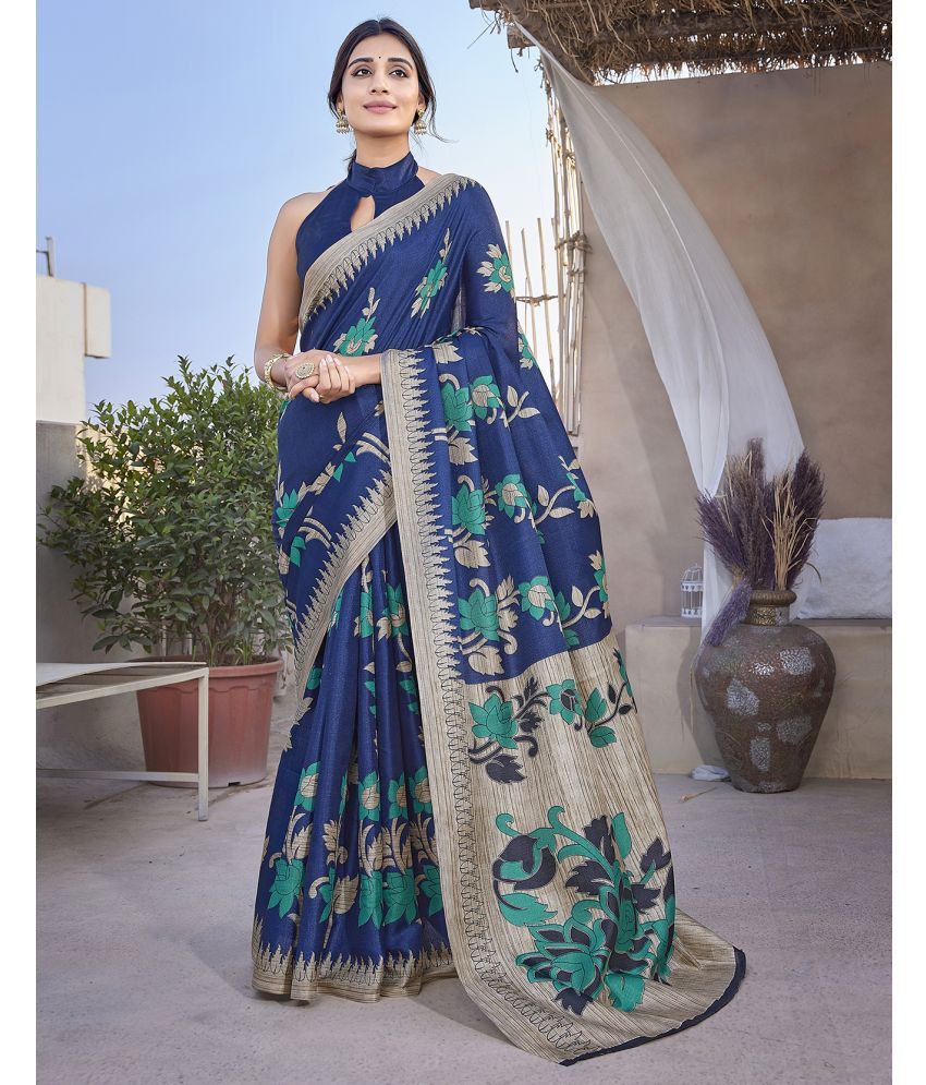     			Yashika Art Silk Printed Saree With Blouse Piece - Navy Blue ( Pack of 1 )