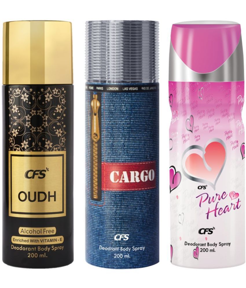     			CFS  Cargo Blue, Oudh Black &Pure Heart Pink Body Spray for Unisex 600 ml ( Pack of 3 )