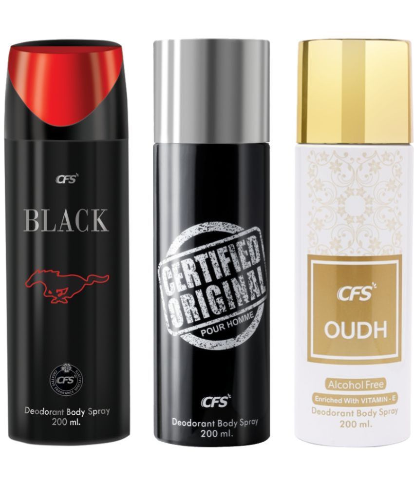     			CFS  Certified Black, Black & Oudh White Deodorant Spray for Unisex 600 ml ( Pack of 3 )