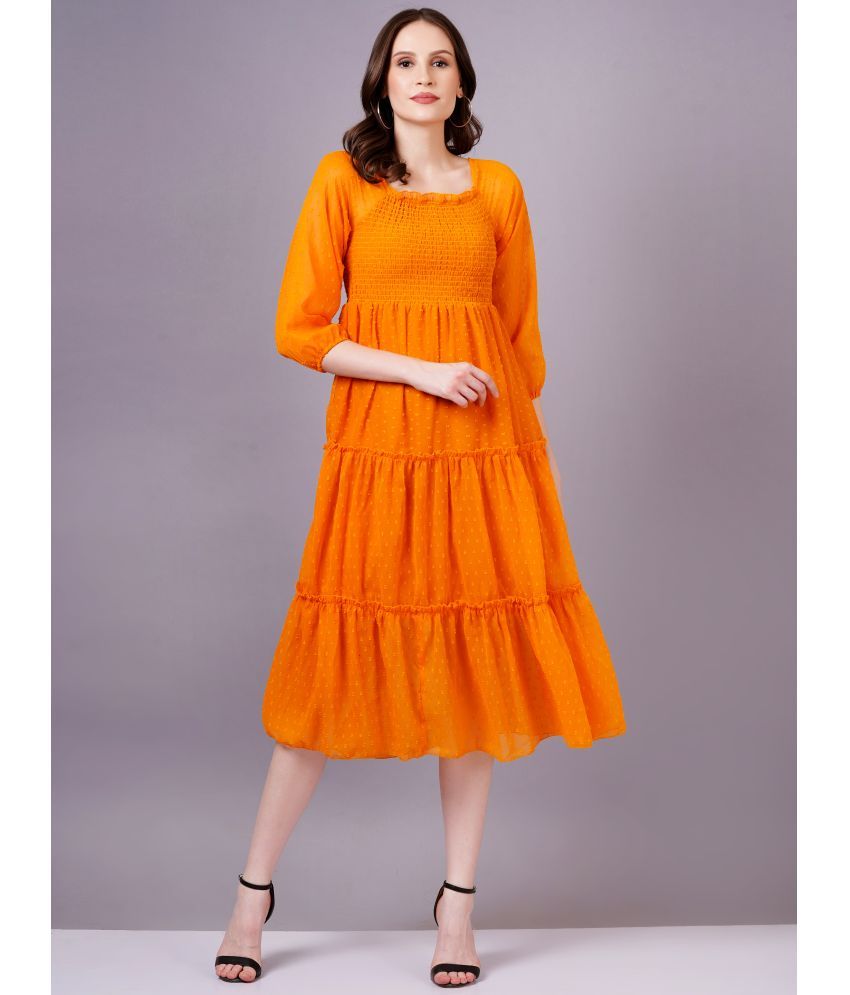     			JC4U Georgette Self Design Midi Women's Fit & Flare Dress - Orange ( Pack of 1 )