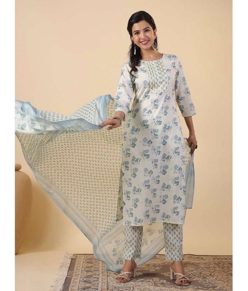     			Janasya Cotton Printed Kurti With Pants Women's Stitched Salwar Suit - Cream ( Pack of 1 )