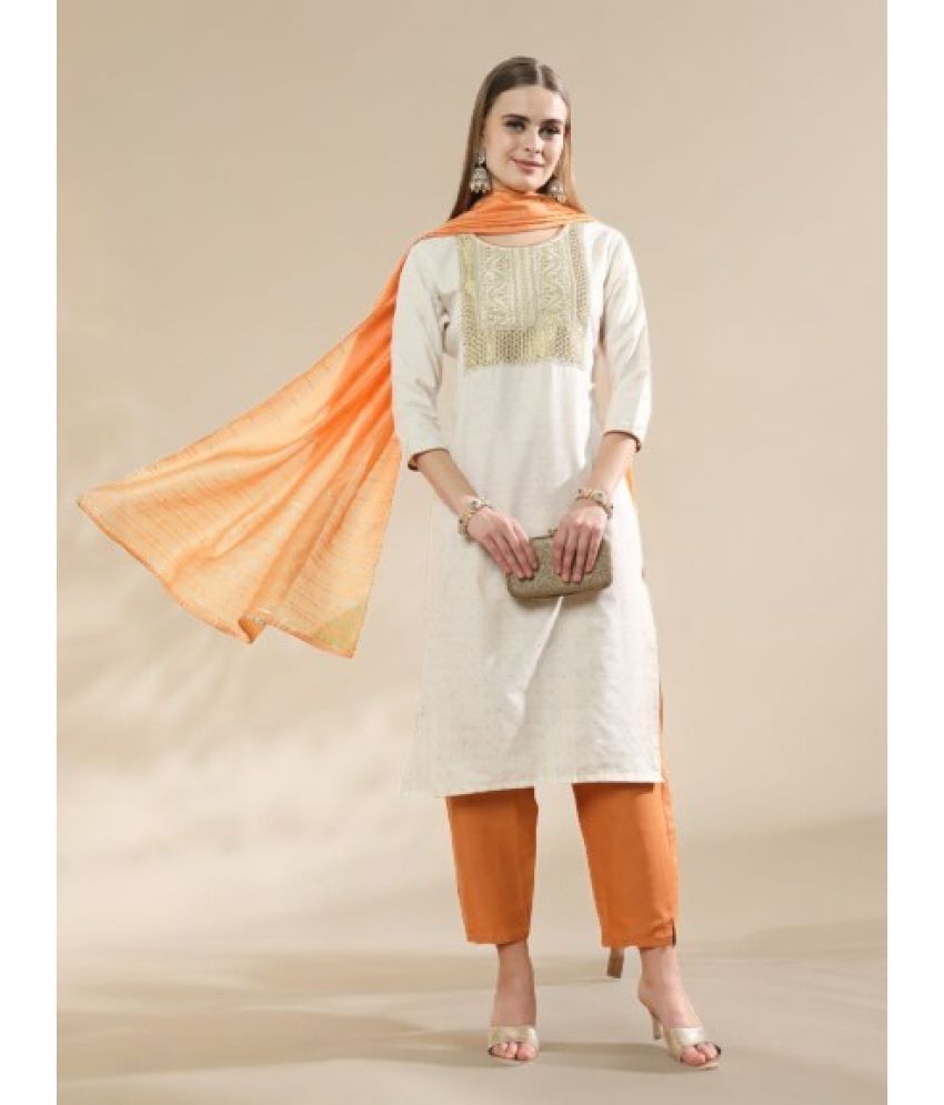     			MORLY Cotton Silk Embroidered Kurti With Pants Women's Stitched Salwar Suit - Orange ( Pack of 1 )