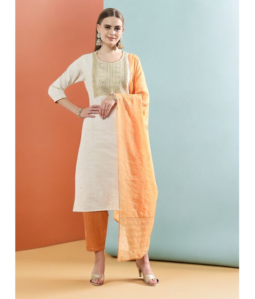     			MORLY Cotton Silk Embroidered Kurti With Pants Women's Stitched Salwar Suit - Orange ( Pack of 1 )