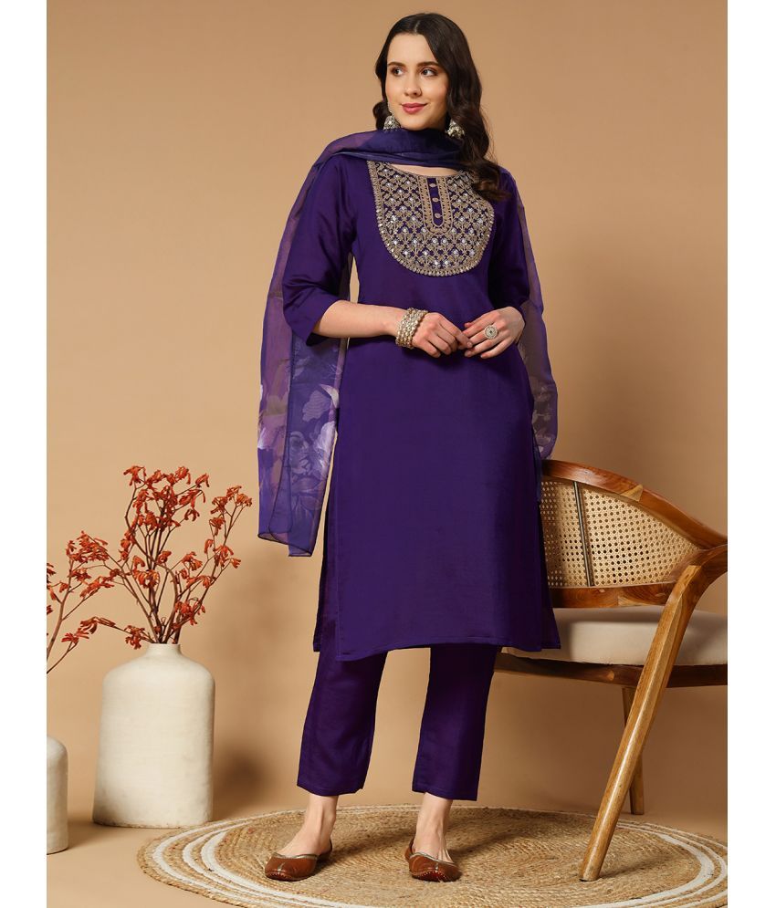     			MORLY Cotton Silk Embroidered Kurti With Pants Women's Stitched Salwar Suit - Purple ( Pack of 1 )