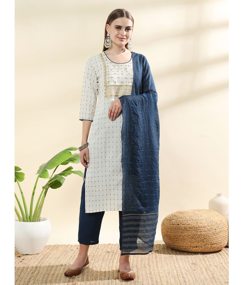     			MORLY Cotton Silk Embroidered Kurti With Pants Women's Stitched Salwar Suit - Navy Blue ( Pack of 1 )