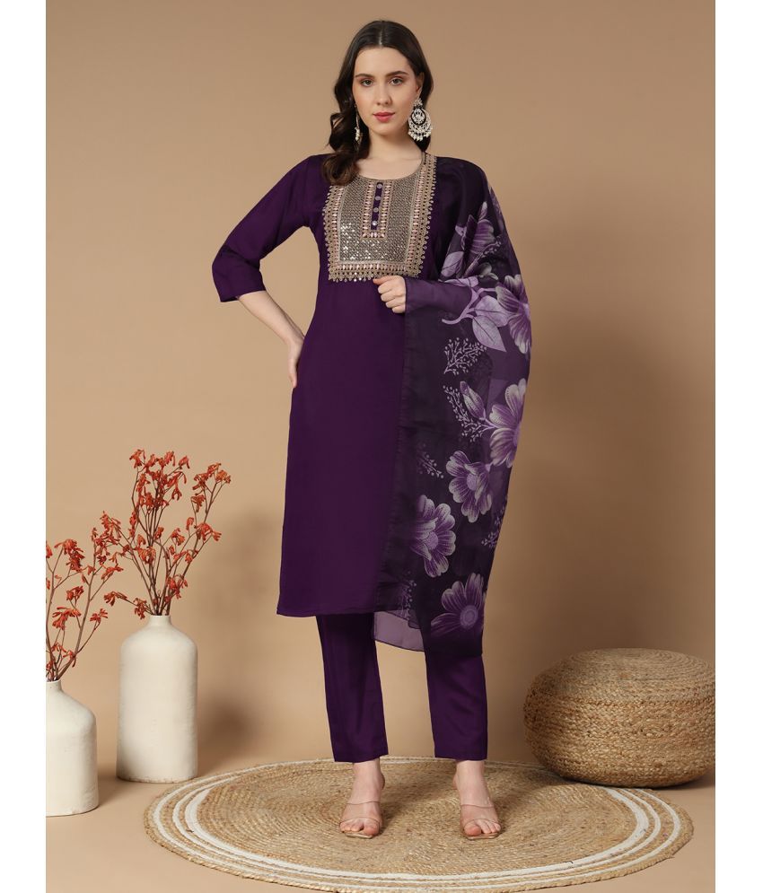     			MORLY Cotton Silk Embroidered Kurti With Pants Women's Stitched Salwar Suit - Magenta ( Pack of 1 )