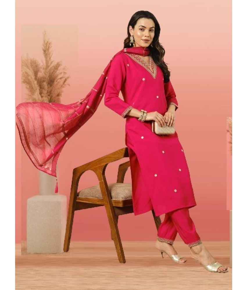     			MORLY Silk Blend Embroidered Kurti With Pants Women's Stitched Salwar Suit - Pink ( Pack of 1 )