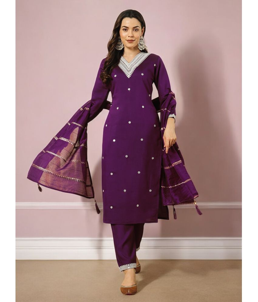     			MORLY Silk Blend Embroidered Kurti With Pants Women's Stitched Salwar Suit - Wine ( Pack of 1 )