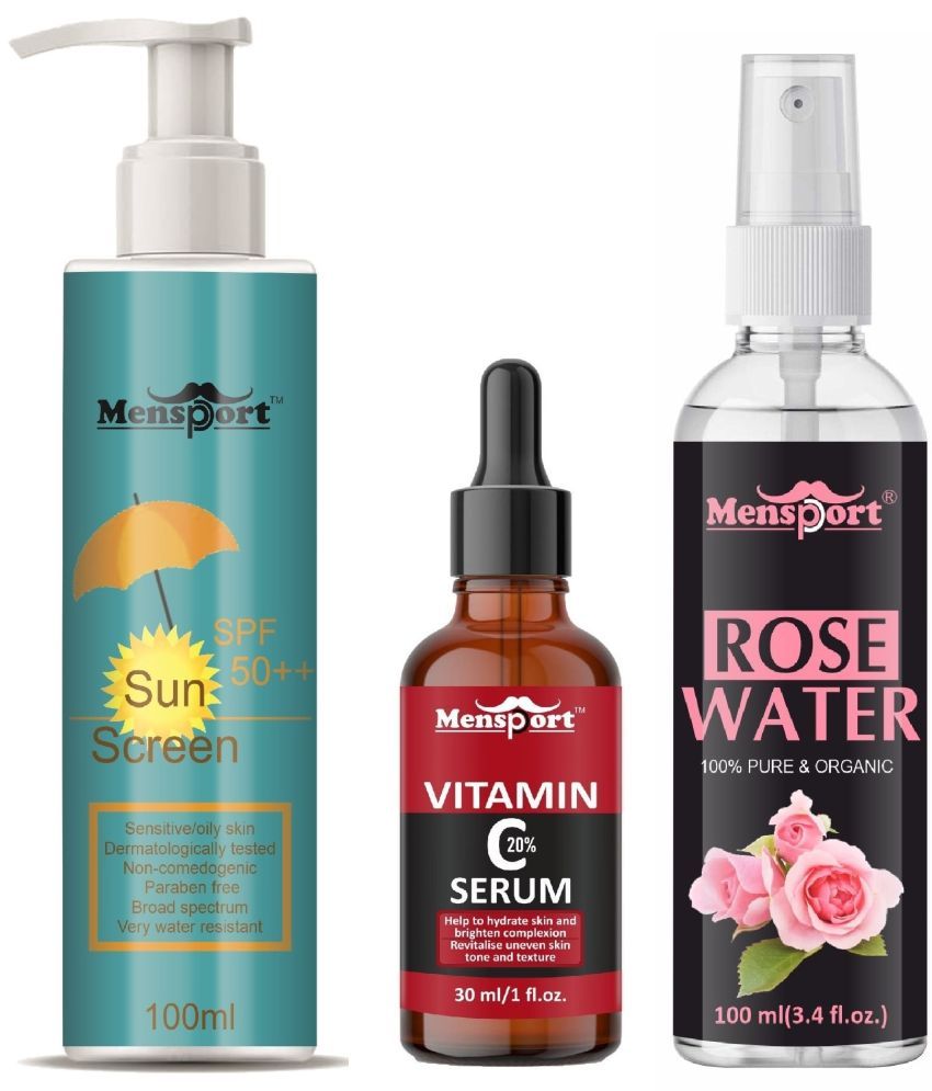     			Mensport Broad Spectrum SPF 50++ Sunscreen 100ML, Vitamin C20% Facial Serum 30ML & Natural Rose Water 100ml - Combo of 3 Items