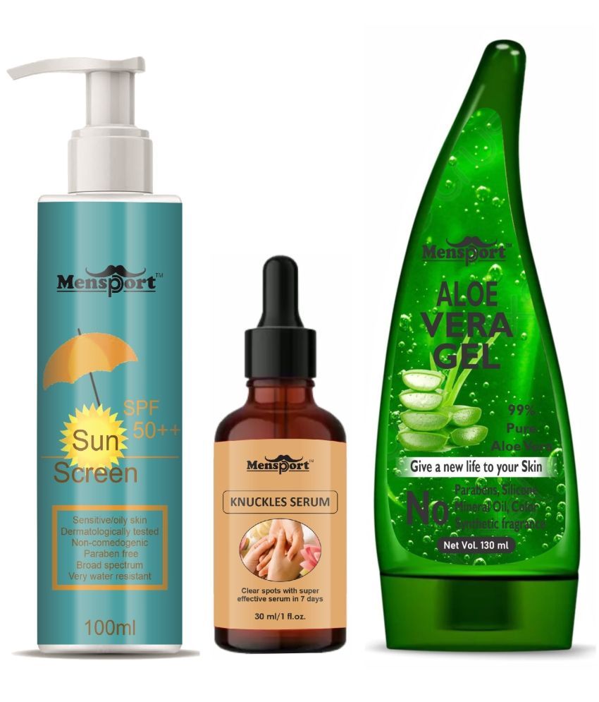     			Mensport Broad Spectrum SPF 50++ Sunscreen 100ML, Knuckle Serum - Clear Spot 30ML & Multipurpose Aloe Vera Gel 130ML - Combo of 3 Items