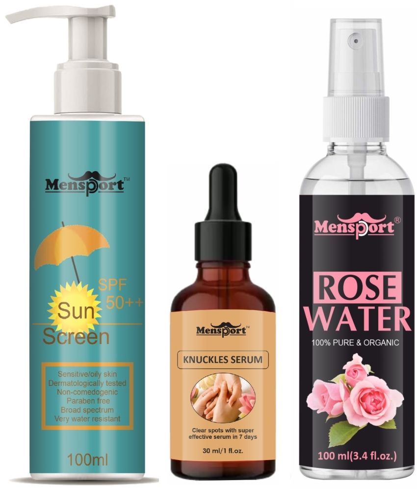     			Mensport Broad Spectrum SPF 50++ Sunscreen 100ML, Knuckle Serum - Clear Spot 30ML & Natural Rose Water 100ml - Combo of 3 Items