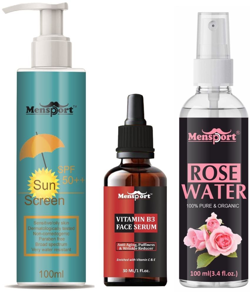     			Mensport Broad Spectrum SPF 50++ Sunscreen 100ML, Vitamin B3 Anti Ageing Face Serum 30ML & Natural Rose Water 100ml - Combo of 3 Items