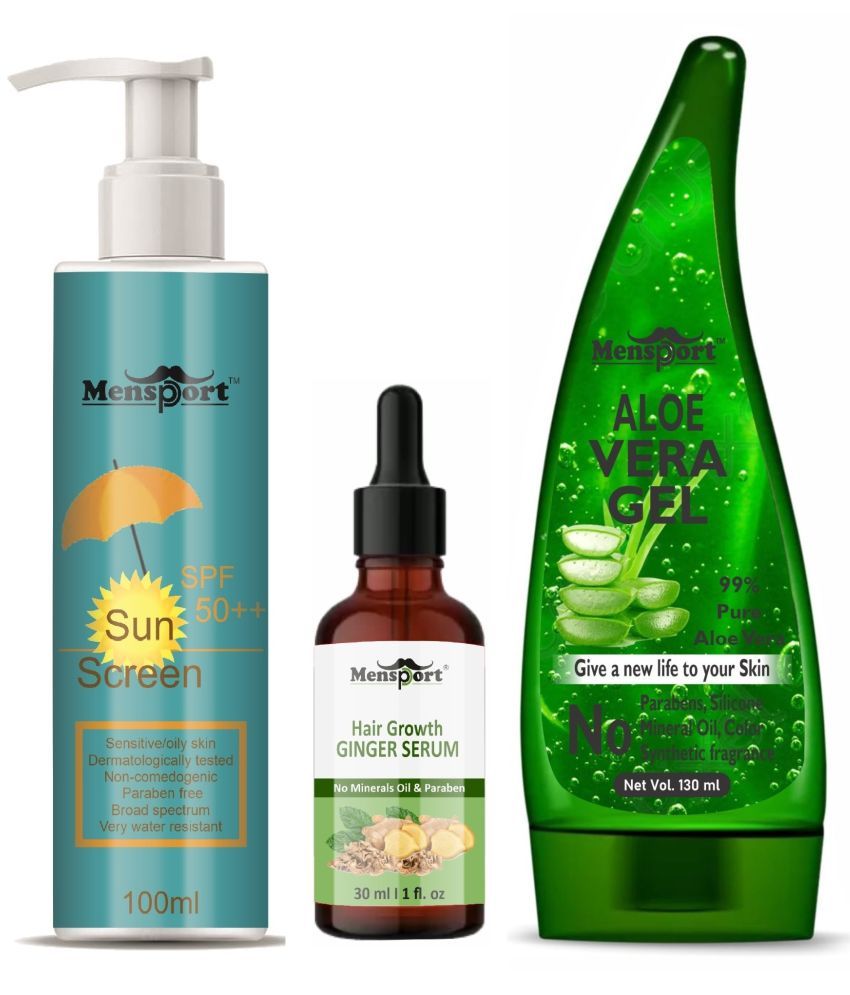     			Mensport Broad Spectrum SPF 50++ Sunscreen 100ML, Hair Growth Ginger Serum 30ML & Multipurpose Aloe Vera Gel 130ML - Combo of 3 Items