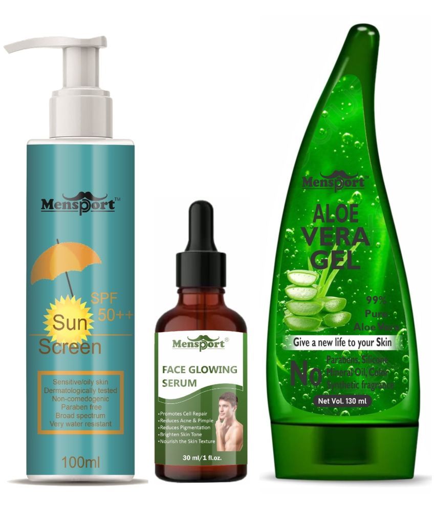     			Mensport Broad Spectrum SPF 50++ Sunscreen 100ML, Face Glowing Serum 30ML & Multipurpose Aloe Vera Gel 130ML - Combo of 3 Items