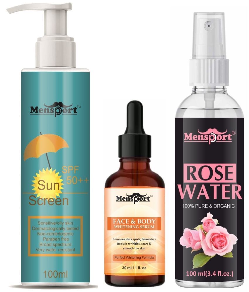     			Mensport Broad Spectrum SPF 50++ Sunscreen 100ML, Face and Body Whitening Serum 30ML & Natural Rose Water 100ml - Combo of 3 Items