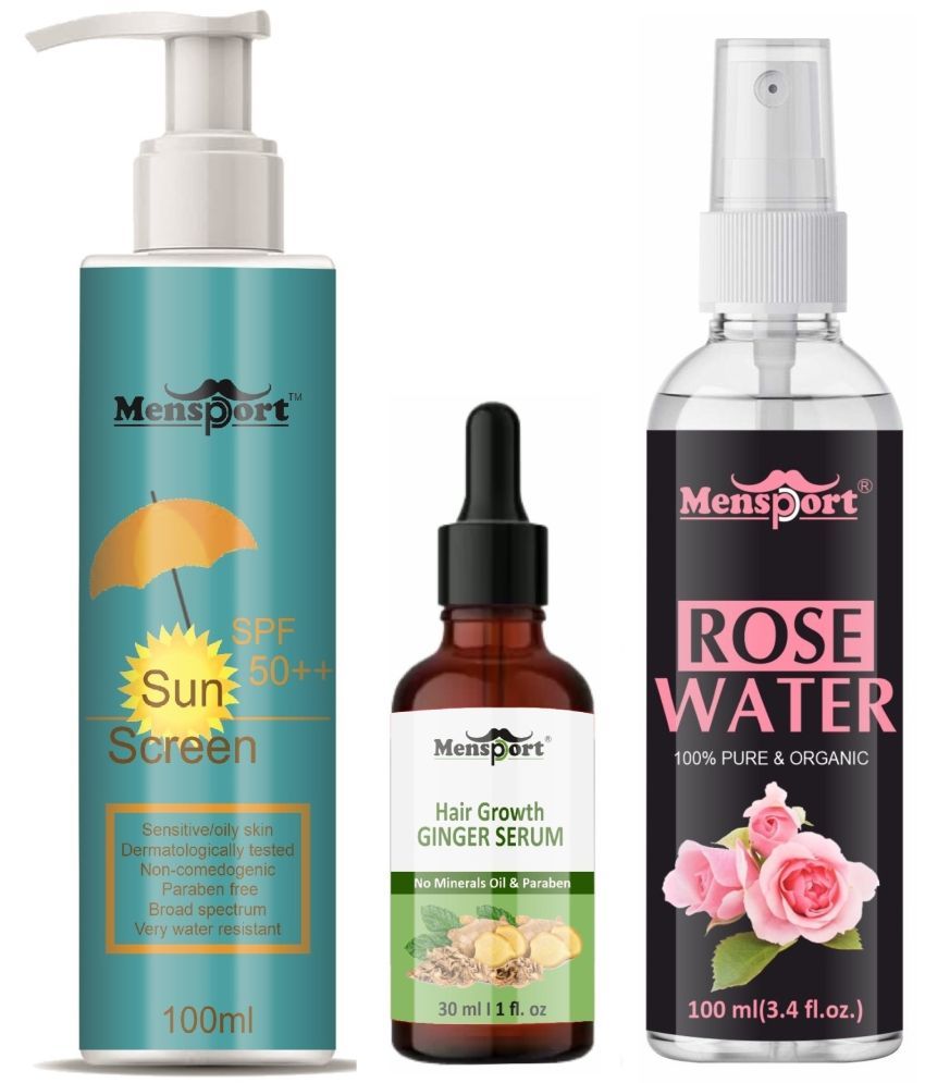     			Mensport Broad Spectrum SPF 50++ Sunscreen 100ML, Hair Growth Ginger Serum 30ML & Natural Rose Water 100ml - Combo of 3 Items