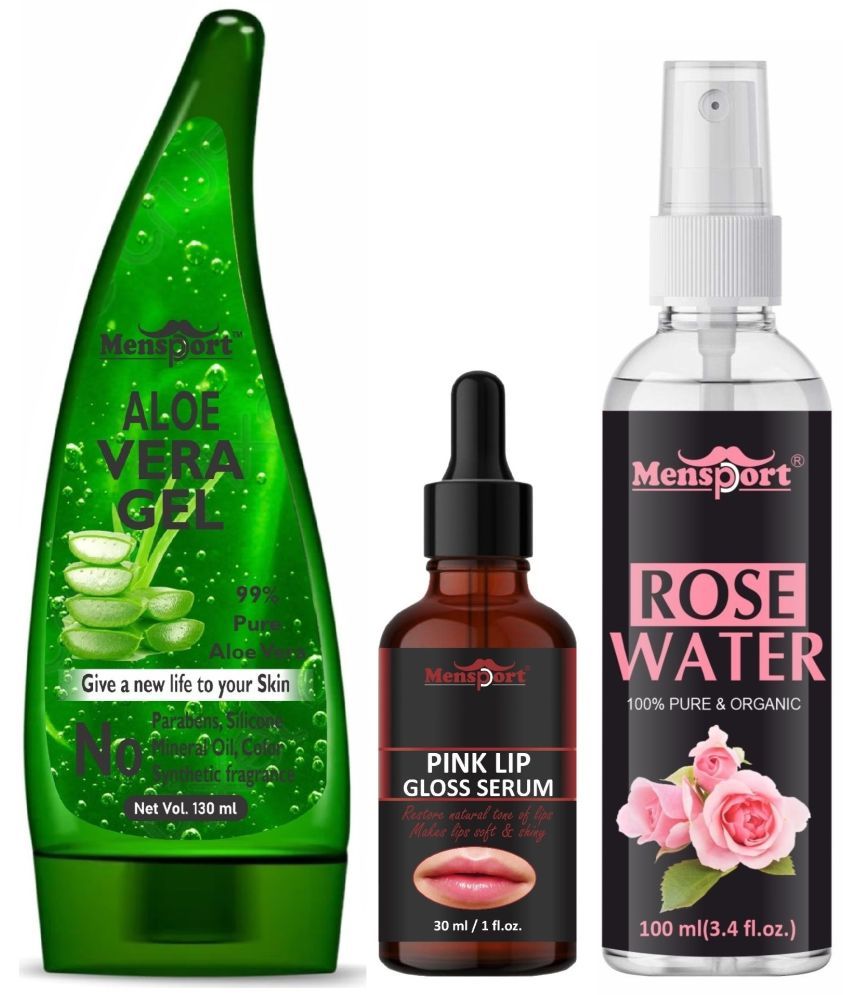     			Mensport Multipurpose Aloe Vera Gel 130ml, Pink Lip Gloss Serum 30ML & Natural Rose Water 100ml - Combo of 3 Items