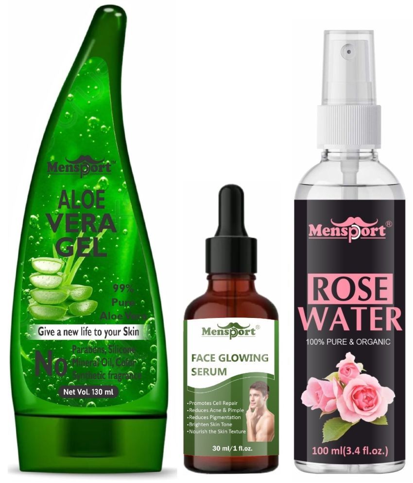     			Mensport Multipurpose Aloe Vera Gel 130ml, Face Glowing Serum 30ML & Natural Rose Water 100ml - Combo of 3 Items