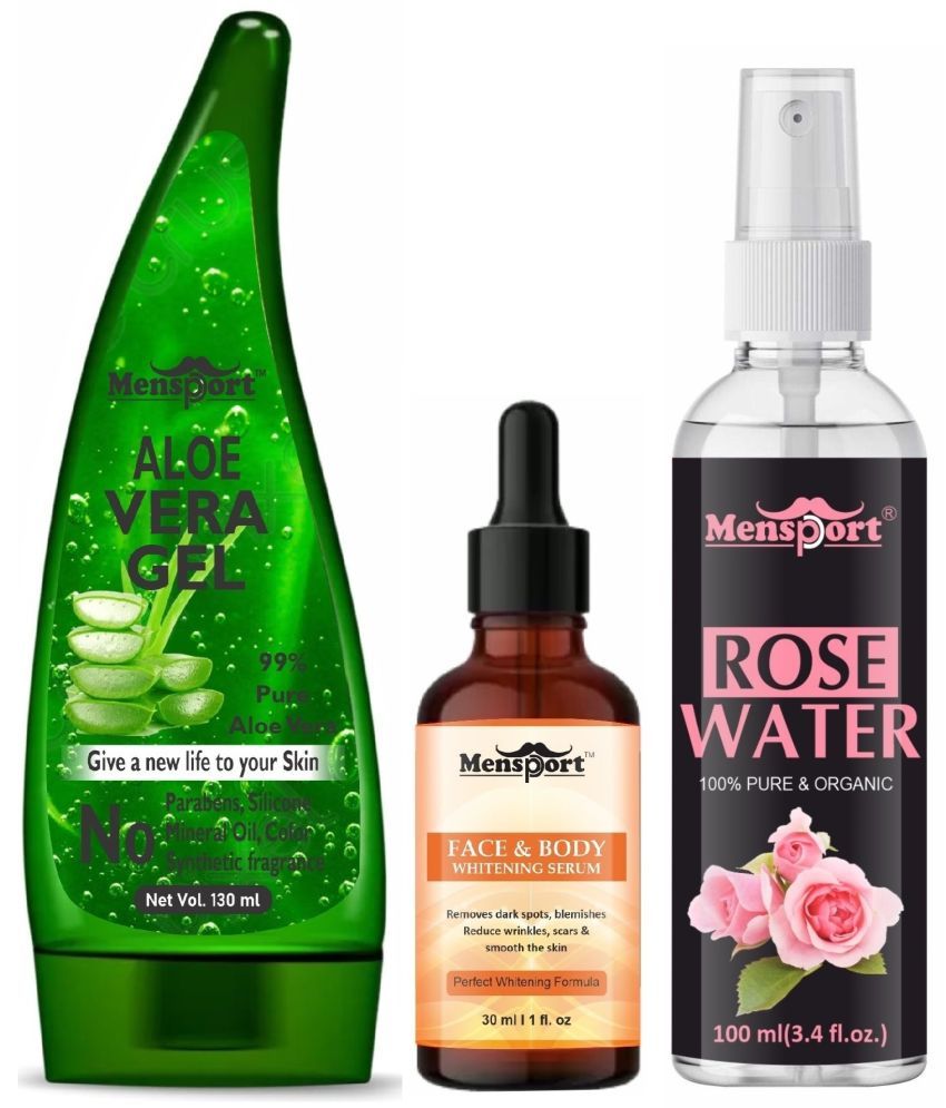     			Mensport Multipurpose Aloe Vera Gel 130ml, Face and Body Whitening Serum 30ML & Natural Rose Water 100ml - Combo of 3 Items