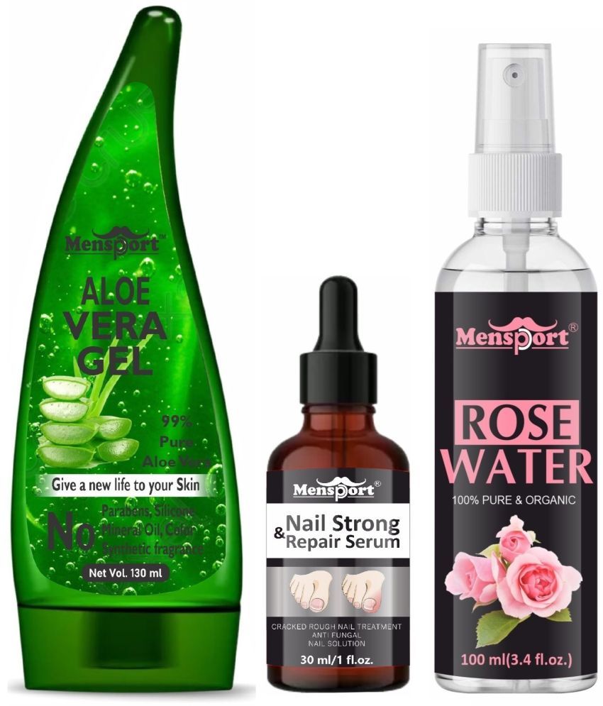     			Mensport Multipurpose Aloe Vera Gel 130ml, Nail Strong and Repair Serum 30ML & Natural Rose Water 100ml - Combo of 3 Items