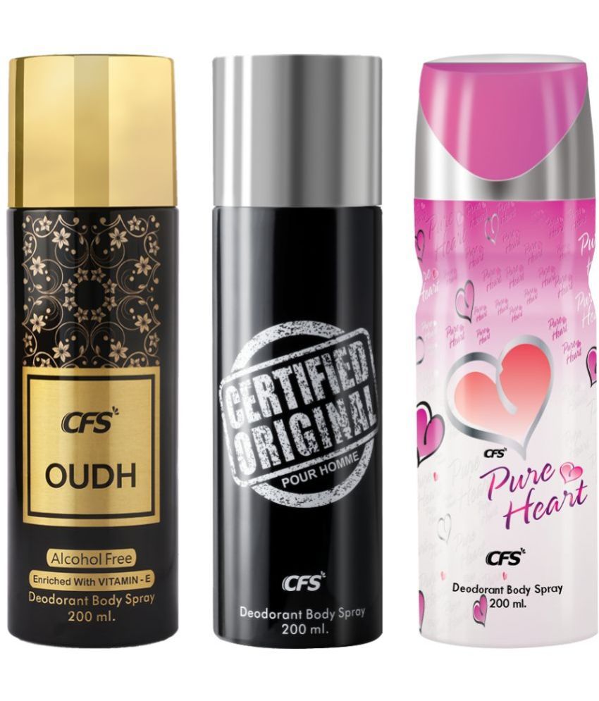     			CFS  Ctfd Black, Oudh Black & Pure HeartPink Deodorant Spray for Unisex 600 ml ( Pack of 3 )