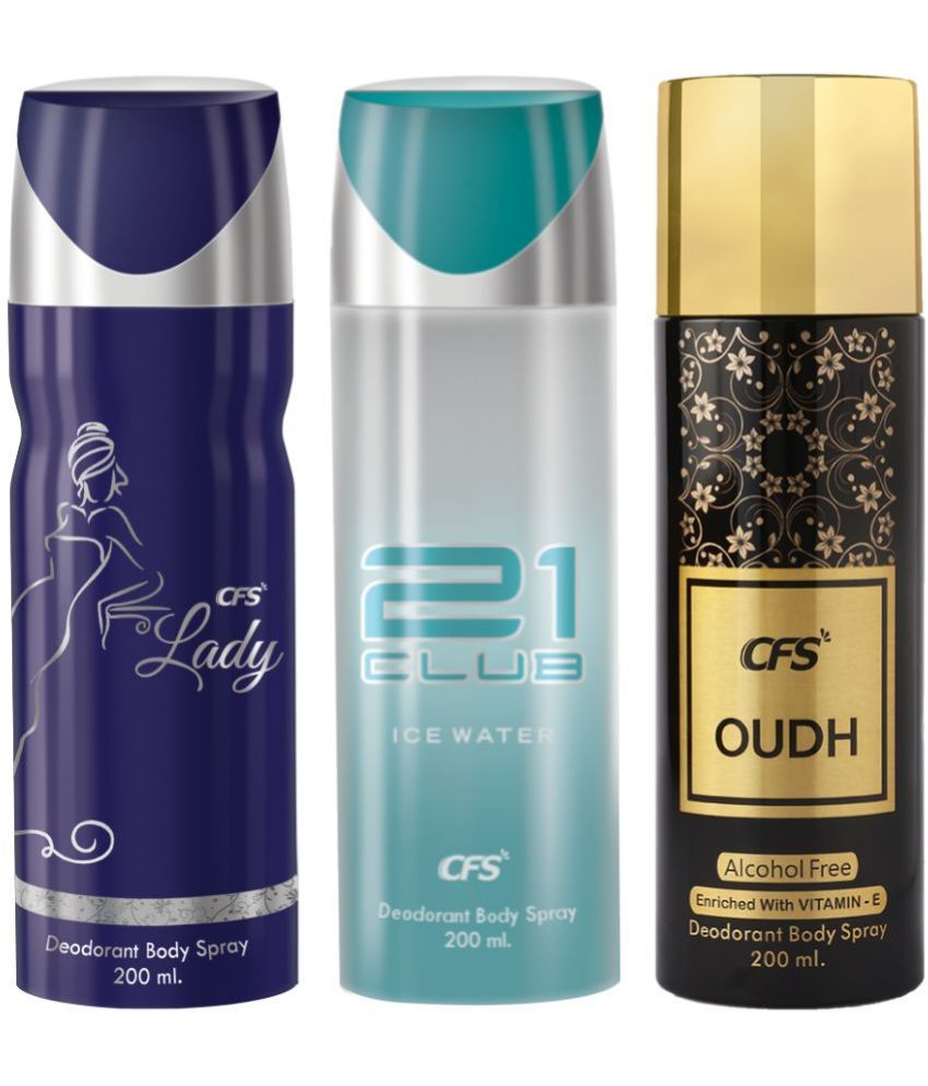     			CFS  Ice Water, Lady & Oudh Black Deodorant Spray for Unisex 600 ml ( Pack of 3 )