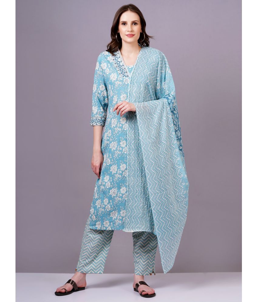     			HIGHLIGHT FASHION EXPORT Cotton Printed Kurti With Pants Women's Stitched Salwar Suit - Blue ( Pack of 1 )