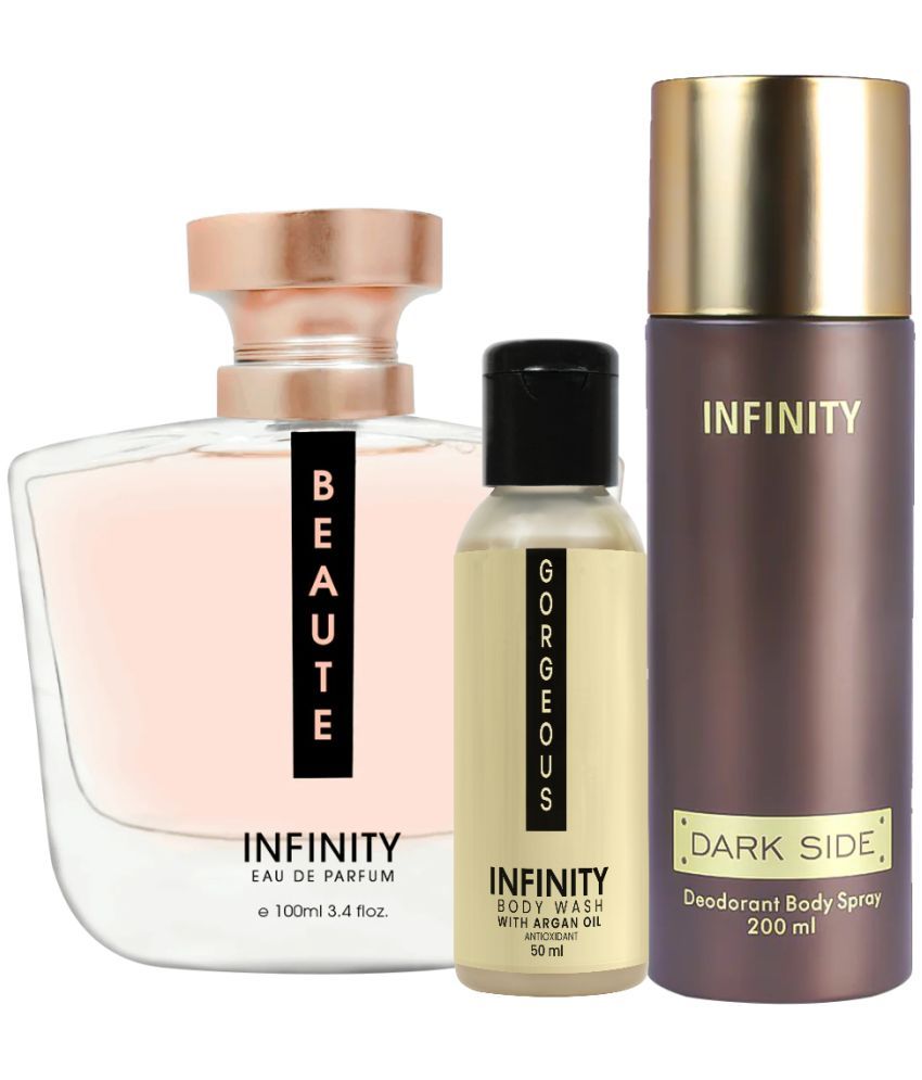     			Infinity Beaute EDP Perfume 100ml, Dark Side Deo Body Spray 200ml, Gorgeous Body Wash 50ml