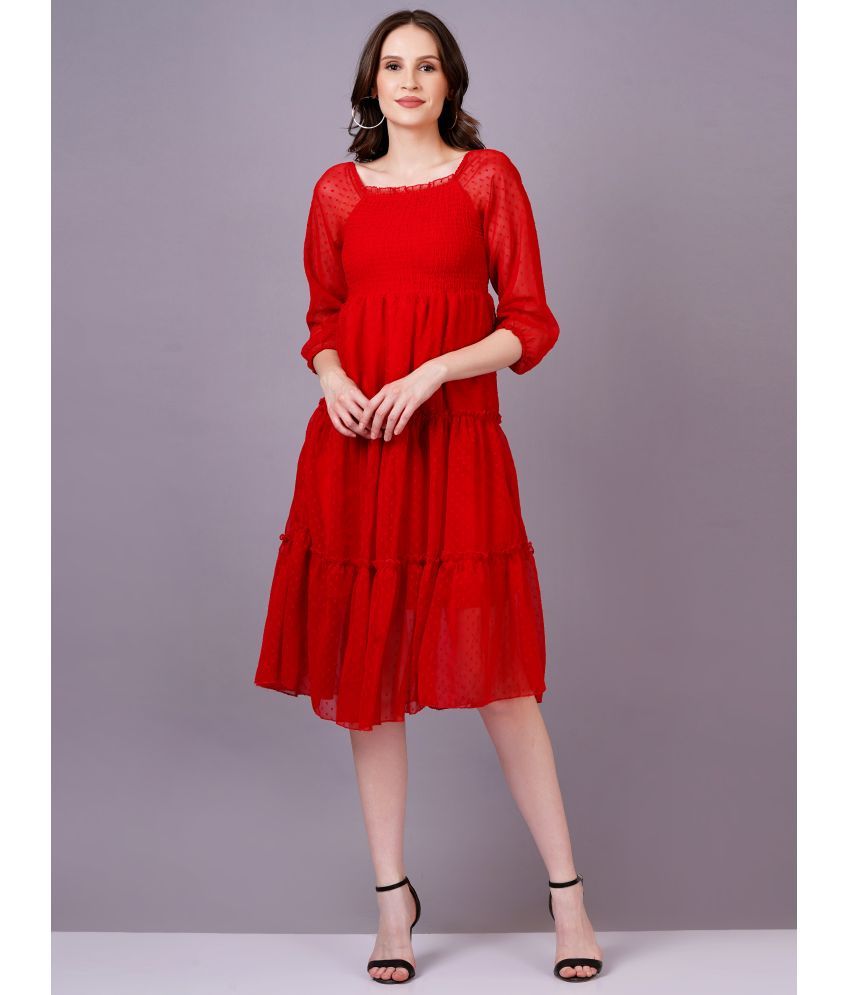     			JC4U Georgette Self Design Midi Women's Fit & Flare Dress - Red ( Pack of 1 )