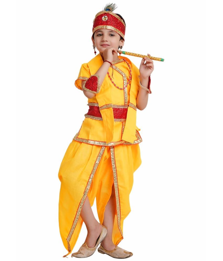     			Kaku Fancy Dresses Baby Krishna Dress Cotton Fabric, Krishna Leela Costume With Accessories For Boys & Girls, 3-4 Years