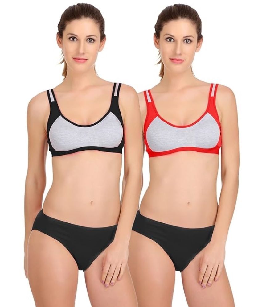     			Kiran Enterprises Black,Red Cotton Women's Bra & Panty Set ( Pack of 2 )