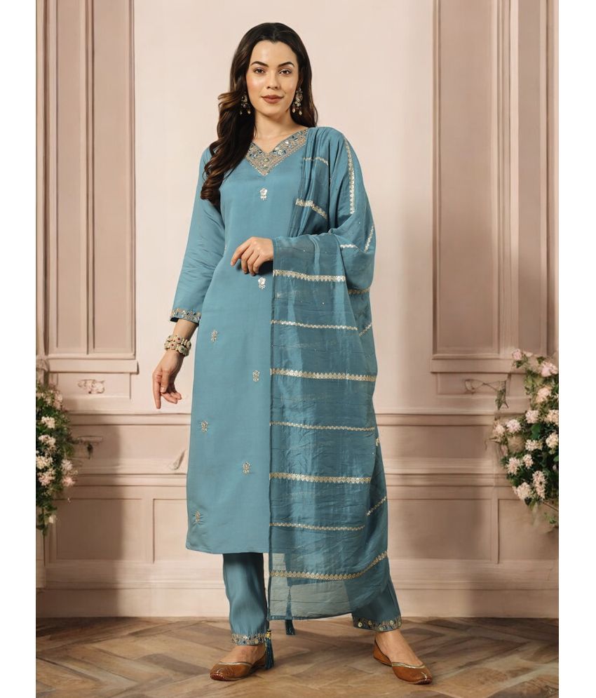     			MORLY Silk Blend Embroidered Kurti With Pants Women's Stitched Salwar Suit - Turquoise ( Pack of 1 )