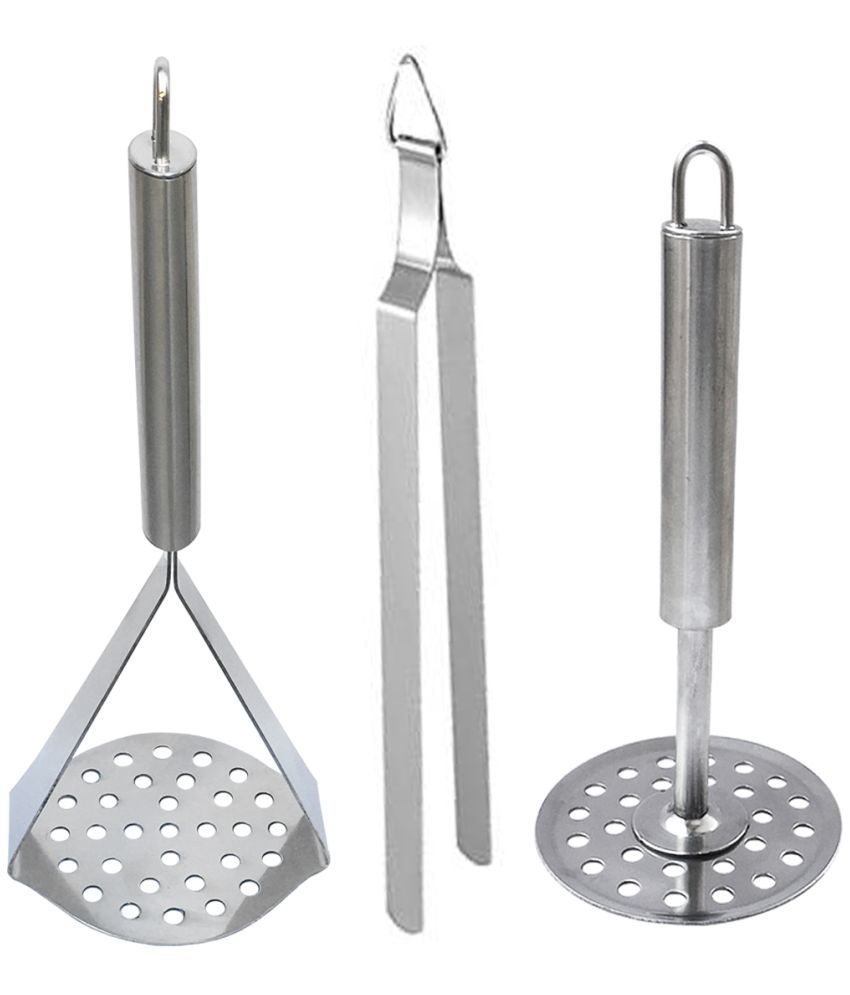     			OC9 Silver Stainless Steel 2 Masher+Chimta ( Set of 3 )