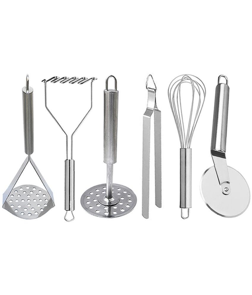     			OC9 Silver Stainless Steel 3Masher+Chimta+Whisk+Pizza Cutter ( Set of 6 )