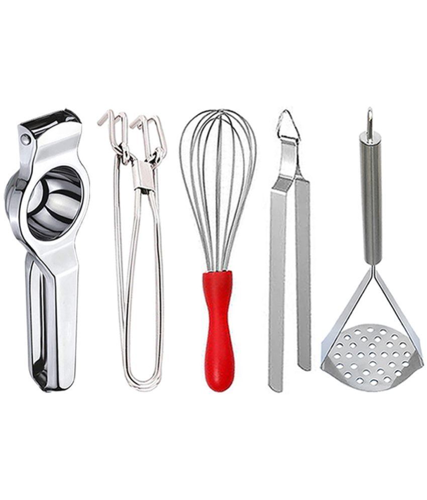     			OC9 Silver Stainless Steel Lemon+Pakkad+Whisk+Chimta+Masher ( Set of 5 )