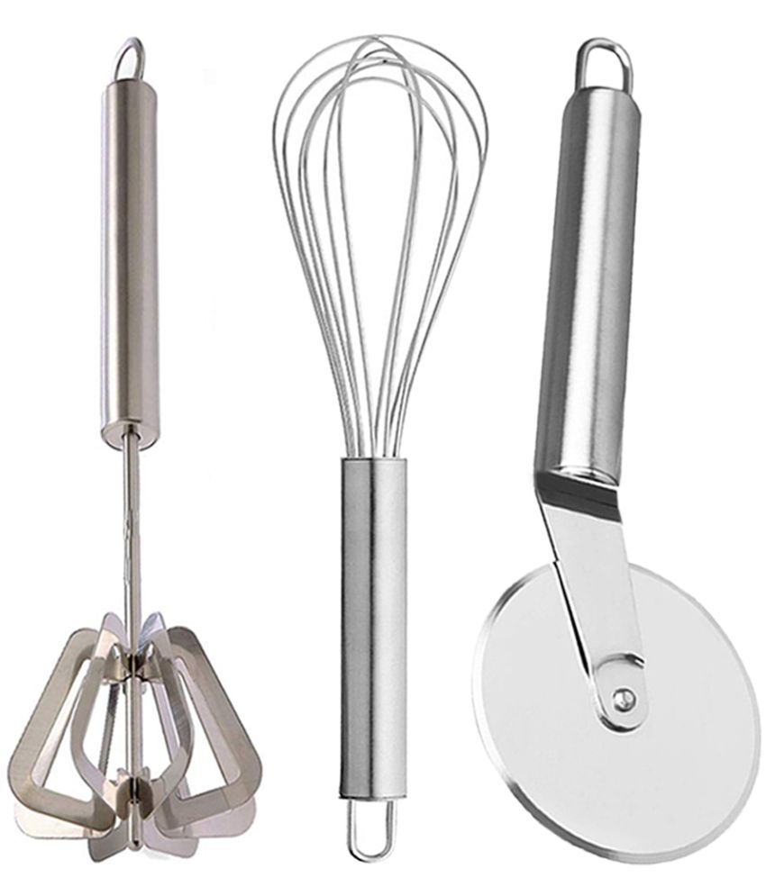     			OC9 Silver Stainless Steel Mathani+Whisk+Pizza Cutter ( Set of 3 )