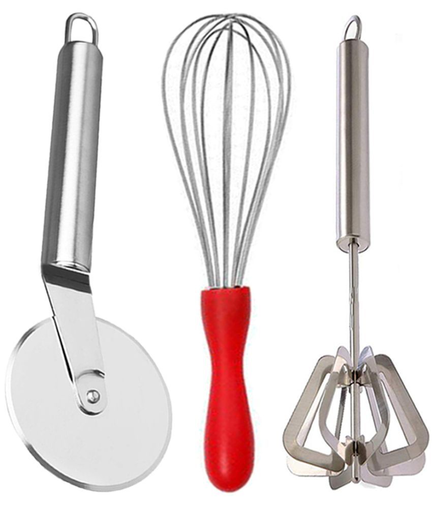     			OC9 Silver Stainless Steel Whisk+Pizza Cutter+Mathani ( Set of 3 )