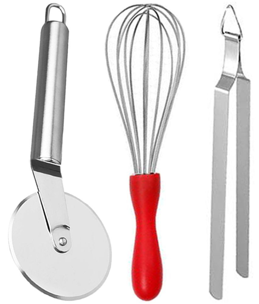     			OC9 Silver Stainless Steel Whisk+Pizza Cutter+Chimta ( Set of 3 )