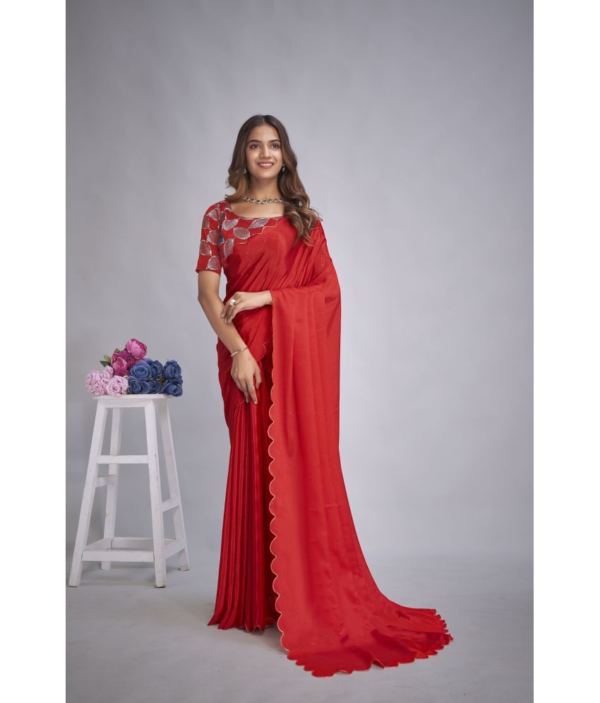     			Aika Chiffon Embellished Saree With Blouse Piece - Red ( Pack of 1 )