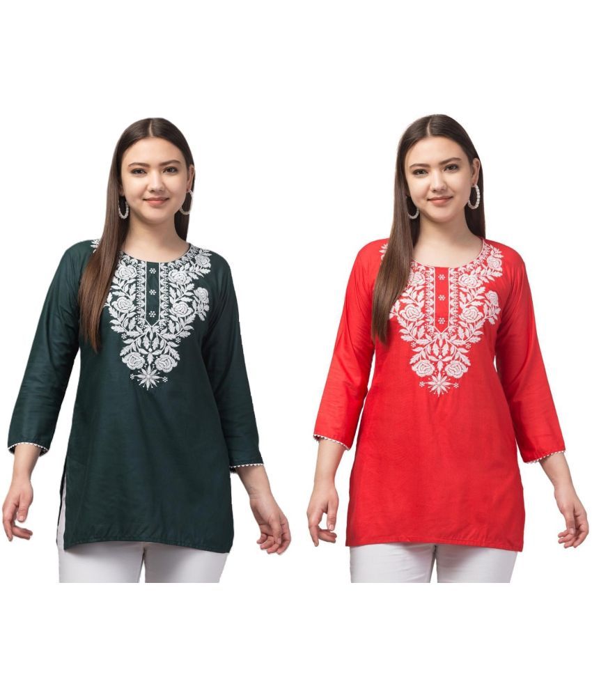     			Aura Glam Rayon Embroidered A-line Women's Kurti - Red & Green ( Pack of 2 )