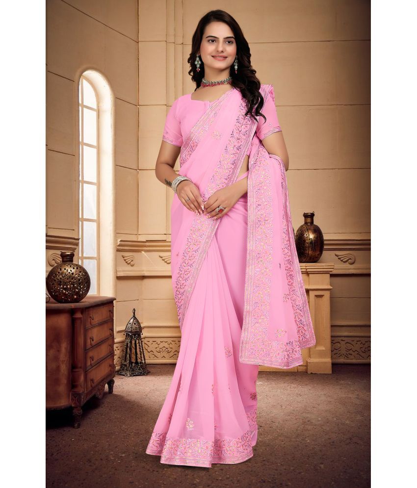     			Om Shantam Sarees Georgette Embroidered Saree With Blouse Piece - Pink ( Pack of 1 )