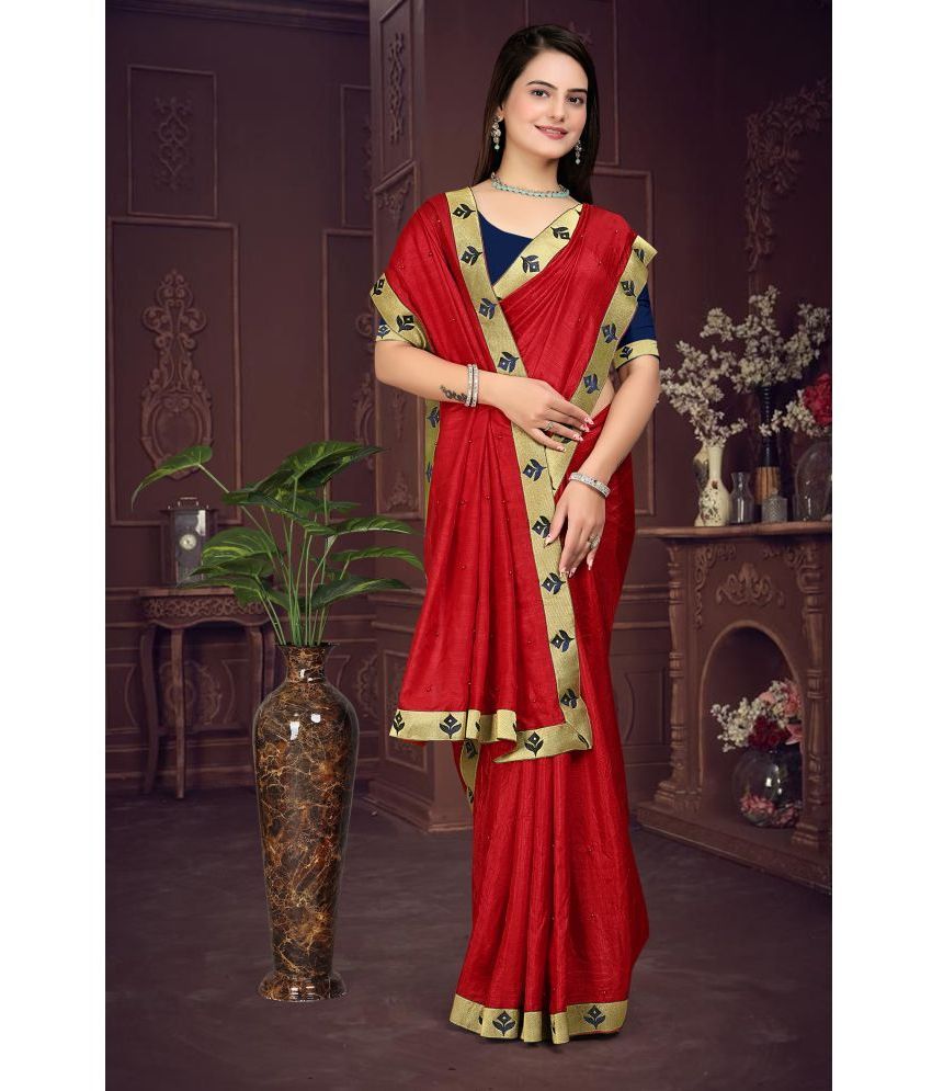     			Om Shantam Sarees Silk Blend Solid Saree With Blouse Piece - Red ( Pack of 1 )