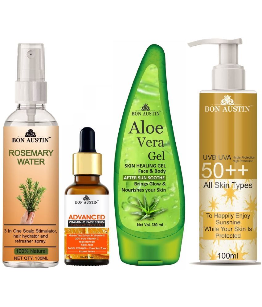     			Bon Austin Rosemary Water | Hair Spray For Regrowth | Hair Growth Expert 100ml, Advance Vitamin C Face Serum 30ML, UVA & UVB Protection Sunscreen 100ml & Multipurpose Aloe Vera Gel 130ml - Set of 4 Items