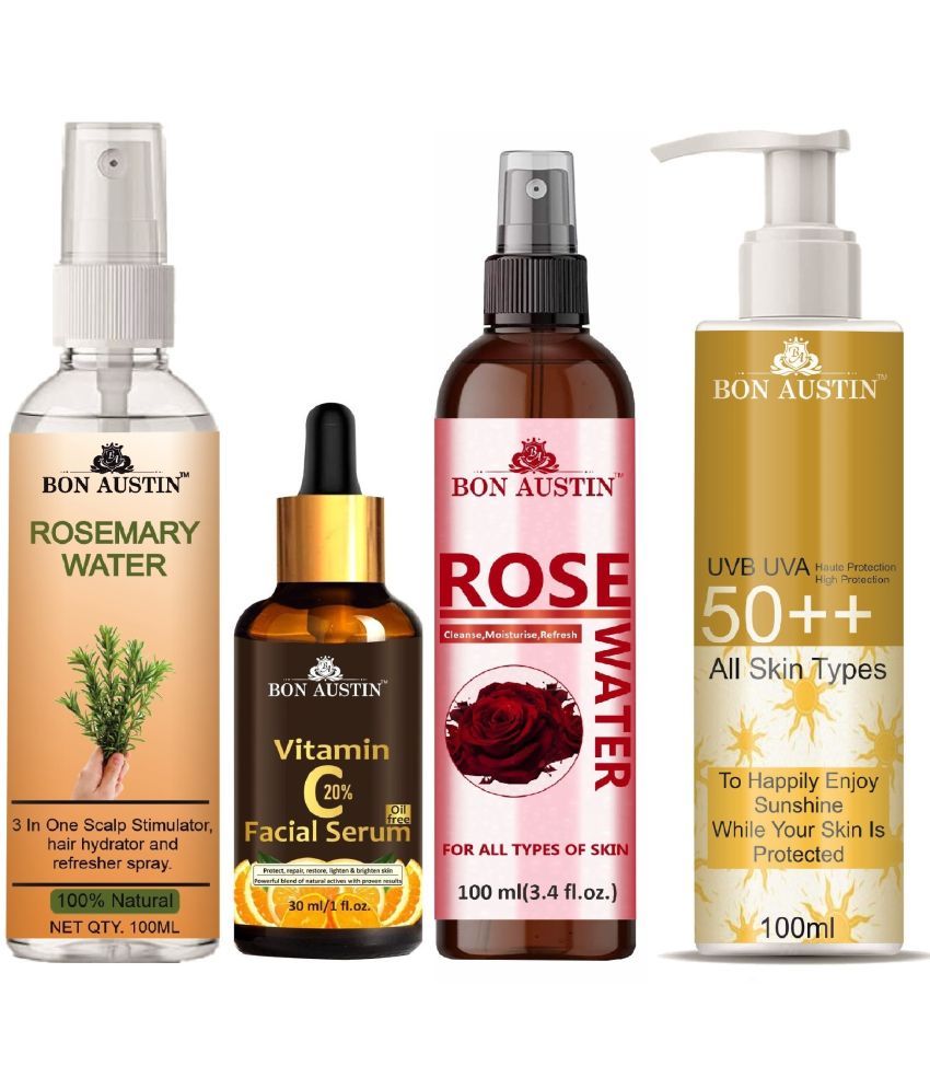     			Bon Austin Rosemary Water | Hair Spray For Regrowth | Hair Growth Expert 100ml, Vitamin C20% Face Serum 30ML, UVA & UVB Protection Sunscreen 100ml & Natural Rose Water 100ml - Set of 4 Items