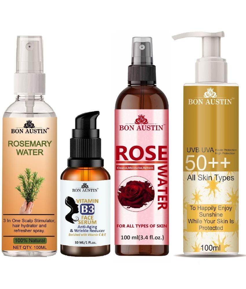     			Bon Austin Rosemary Water | Hair Spray For Regrowth | Hair Growth Expert 100ml, Vitamin B3 Face Serum 30ML, UVA & UVB Protection Sunscreen 100ml & Natural Rose Water 100ml - Set of 4 Items