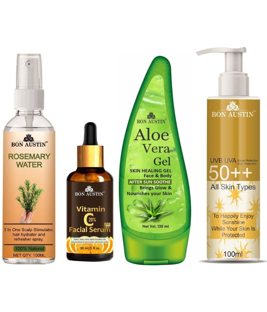     			Bon Austin Rosemary Water | Hair Spray For Regrowth | Hair Growth Expert 100ml, Vitamin C20% Face Serum 30ML, UVA & UVB Protection Sunscreen 100ml & Multipurpose Aloe Vera Gel 130ml - Set of 4 Items