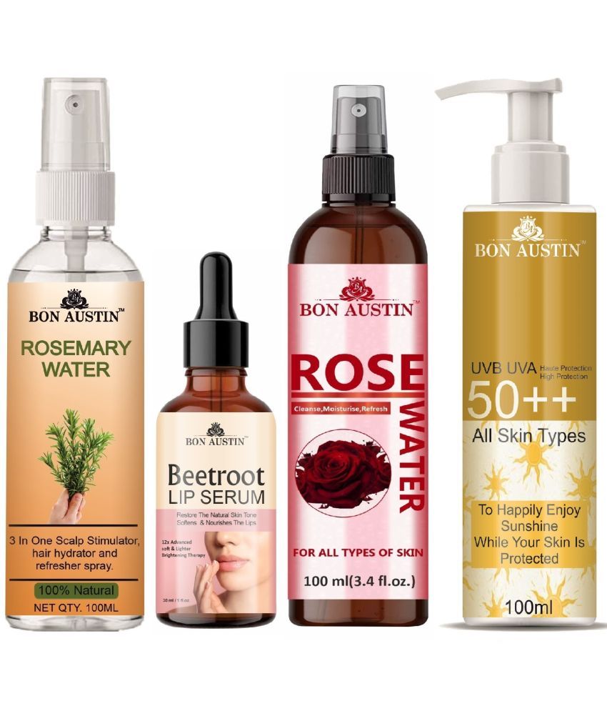     			Bon Austin Rosemary Water | Hair Spray For Regrowth | Hair Growth Expert 100ml, Beetroot Lip Serum 30ML, UVA & UVB Protection Sunscreen 100ml & Natural Rose Water 100ml - Set of 4 Items