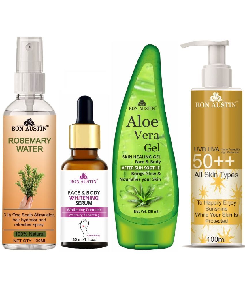     			Bon Austin Rosemary Water | Hair Spray For Regrowth | Hair Growth Expert 100ml, Face and Body Whitening Serum 30ML, UVA & UVB Protection Sunscreen 100ml & Multipurpose Aloe Vera Gel 130ml - Set of 4 Items