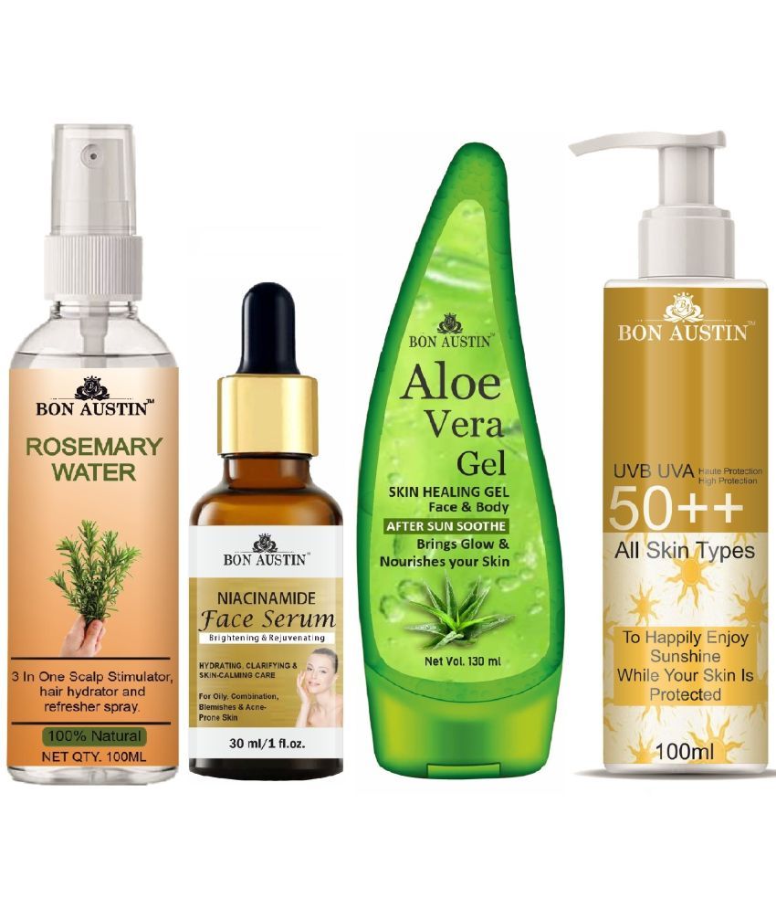     			Bon Austin Rosemary Water | Hair Spray For Regrowth | Hair Growth Expert 100ml, Niacindamide Face Serum 30ML, UVA & UVB Protection Sunscreen 100ml & Multipurpose Aloe Vera Gel 130ml - Set of 4 Items