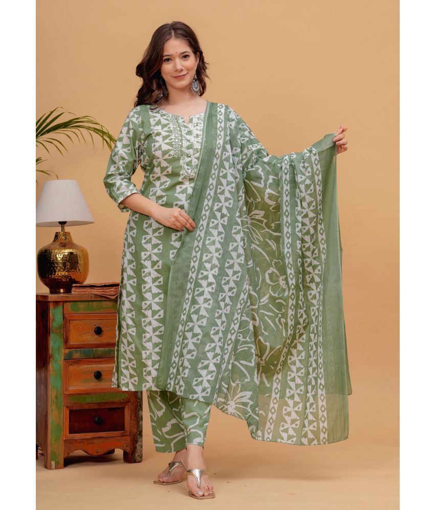     			Doriya Cotton Blend Printed Kurti With Pants Women's Stitched Salwar Suit - Green ( Pack of 1 )